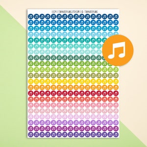 May include: A sheet of colorful music note stickers. The stickers are arranged in rows of 10, with each row featuring a different color. The colors range from blue to green, yellow, orange, red, pink, purple, and finally back to blue. The music note symbol is white on each sticker.