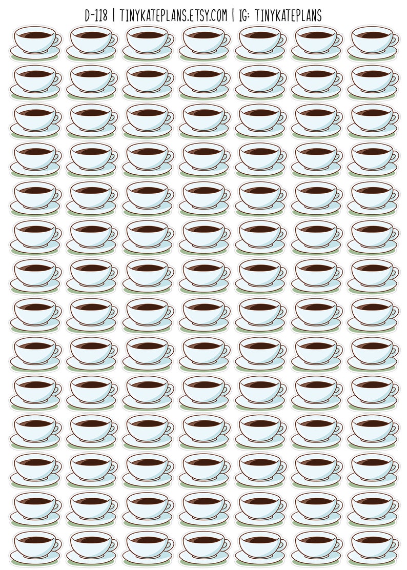 Puede incluir: Una hoja de 100 pegatinas de tazas de caf&eacute; blancas con caf&eacute; marr&oacute;n y una taza y un platillo azul claro. Las pegatinas est&aacute;n dispuestas en 10 filas de 10 pegatinas cada una.