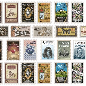 26 Vintage Faux Postzegels Stickers, Vintage Geïnspireerde Stempelstickers, Bullet Journal Stempelstickers, Junk Journal Stempelstickers. VT-127
