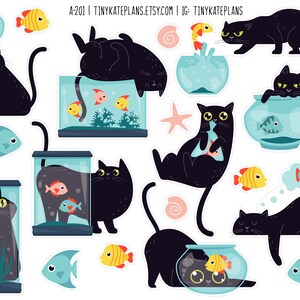 Black Cat & Fish Planner Stickers, Cat Lover Planner Stickers, Funny Cat Bullet Journal Stickers, Funny Black Cat Bujo Stickers. A-201