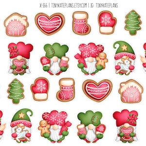 May include: A set of 20 printable Christmas cookie designs featuring gnomes, gingerbread houses, snowflakes, mittens, and Christmas trees. The designs are in a variety of colors, including red, green, white, and blue.