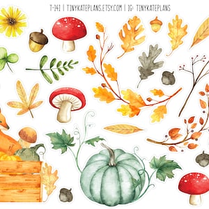 Stickers aquarelle renard avec citrouilles, stickers automne douillet, stickers feuilles, stickers bujo animaux de la forêt, automne douillet. T-141