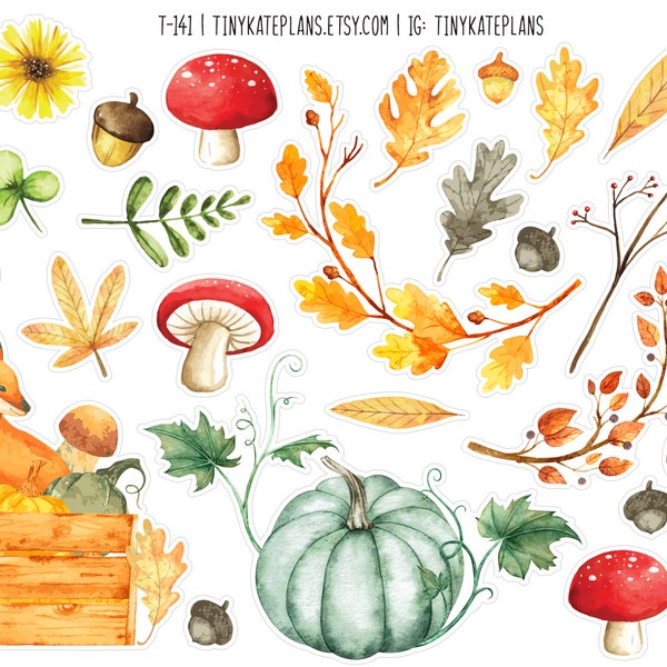 Watercolor Fox With Pumpkins Planner Stickers, Cozy Fall Planner Stickers, Leaves Stickers, Forest Animal Bujo Stickers, Cozy Fall. T-141