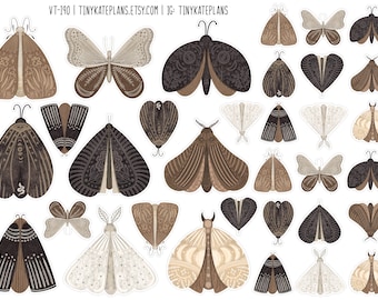 Monochrome Vintage Inspired Moth Stickers, Vintage Butterfly Insects Junk Journal Stickers, Vintage Ephemera, Pen Pal Moth Stickers. VT-190