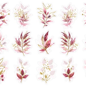 Stickers aquarelle floraux automne bordeaux et dorés, stickers automne rouges cosy, stickers automne Bullet Journal. T-138.