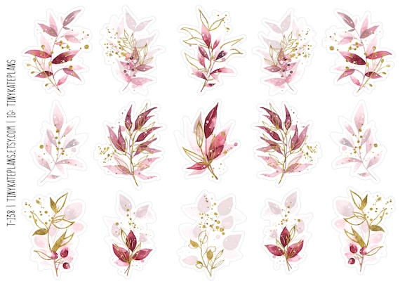 Watercolor Burgundy & Gold Fall Floral Planner Stickers, Cozy Red Fall Floral Planner Stickers, Fall Bullet Journal Planner Stickers. T-138.