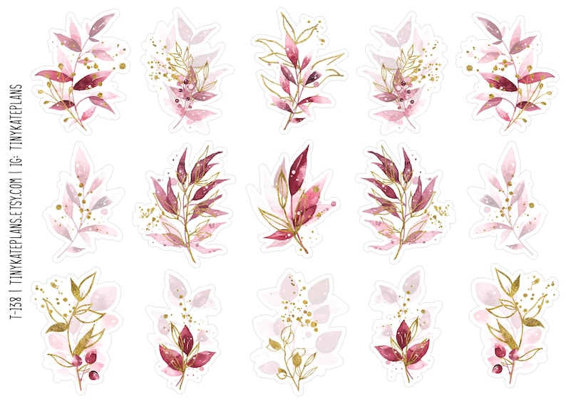 Puede incluir: Un conjunto de 12 im&aacute;genes de clipart digital que presentan ilustraciones de acuarela de hojas rosas y burdeos con acentos dorados. Las hojas est&aacute;n dispuestas en varios ramos y ramitas.