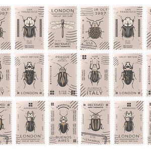 18 Vintage Faux Postzegels Stickers, Vintage Geïnspireerde Bug Stempel Stickers, Junk Journal Stempel Stickers, Penpal Insect Stempels. VT-160