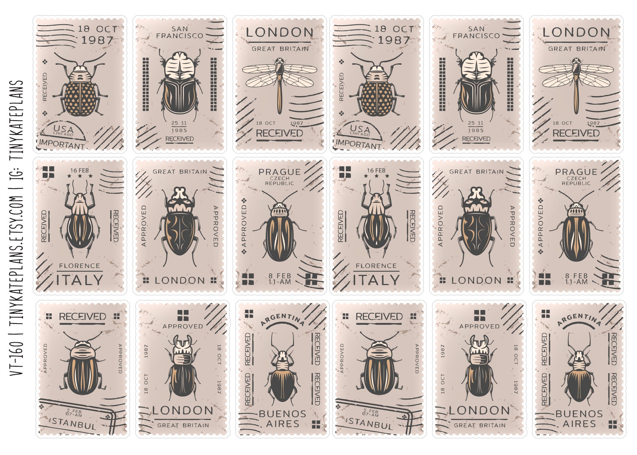 18 Vintage Faux Postal Stamps Stickers, Vintage Inspired Bug Stamp
