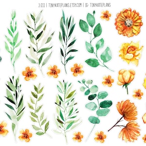 Pegatinas para planificador con flores de color verde y naranja en acuarela, pegatinas para planificador con flores pequeñas, pegatinas para diario con flores, pegatinas para amigos por correspondencia con flores. J-211