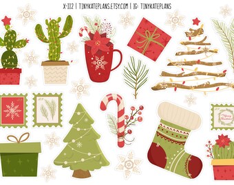 Christmas Cacti Planner Stickers, Cozy Winter Planner Stickers, Winter Stickers, Christmas Bullet Journal Planner Stickers. X-112