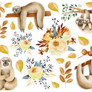May include: Watercolor clipart set featuring sloths in various poses, including hanging from branches, sitting in a meditative pose, and sleeping. The set also includes floral bouquets with white and yellow flowers, brown leaves, and branches.