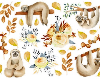 Cute Sloth And Flower Planner Stickers, Wild Animal Planner Stickers, Tropical Animal Bullet Journal Stickers, Bujo Animal Stickers. A-180