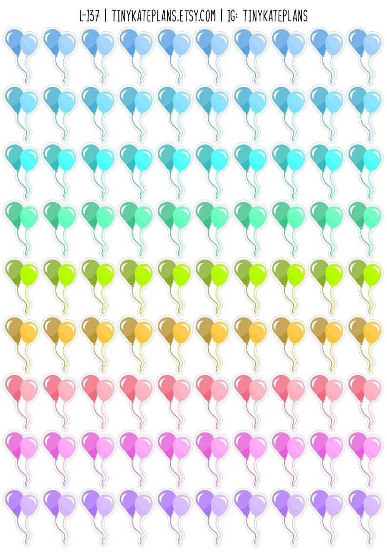 May include: A sheet of 72 colorful balloon stickers. The balloons are in pairs and come in shades of blue, teal, green, yellow, orange, pink, and purple.