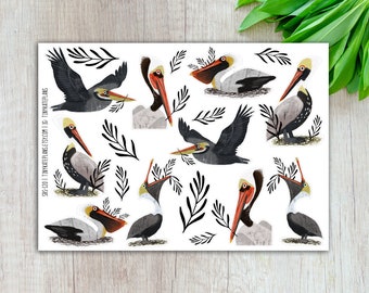 Brauner Pelikan Planer Aufkleber, Alberner Vogel Planer Aufkleber, Niedlicher Vogel Aufkleber, Bunte Vogel Aufkleber, Vogel Kunstdruck Aufkleber. SBS-120
