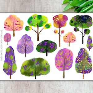 May include: A sheet of colorful tree stickers in various shapes and sizes. The trees feature shades of pink, purple, green, and yellow. The sticker sheet has the text "TINY KATE PLANS" and "ES-95" printed on it.
