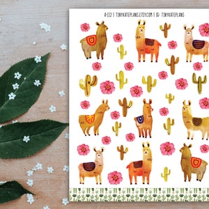 May include: A sheet of stickers featuring watercolor illustrations of llamas, cacti, and pink flowers. The stickers are arranged in a repeating pattern on a white background. The text "A-112 TINYKATEPLANS.ETSY.COM | IG: TINYKATEPLANS" is printed at the top of the sheet.
