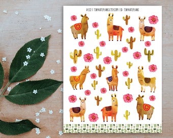 Watercolor Llama Cacti Flowers Planner Stickers, Tiny Planner Stickers, Monthly Planner Stickers, Bullet Journal Sticker set. A-112.