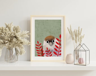 House Sparrow Bird Art Print, Cute Brown Bird Art Print, Colorful Bird Art Print, Sparrow Illustration Print, Sparrow Art Wall Decor. AP-112