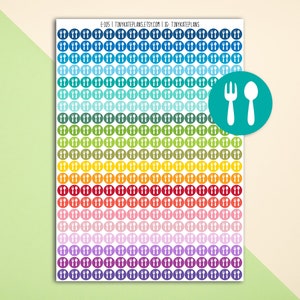 May include: A sheet of colorful round stickers with a white fork and spoon icon on each sticker. The stickers are arranged in a rainbow pattern, starting with blue and ending with purple. The text "E-105 | TINYKATEPLANS.ETSY.COM | 16 TINYKATEPLANS" is printed at the top of the sheet.
