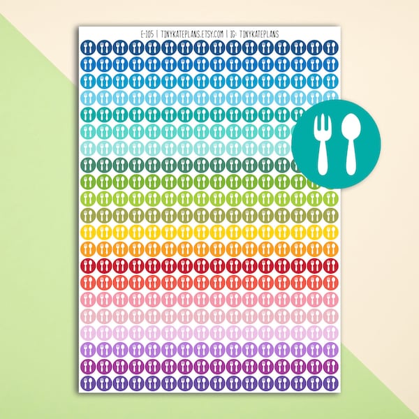 Tiny Dinner Dot Planner Stickers, Colorful Mini Dot Utensils Planner Stickers, ECLP Dot Stickers, Knife & Fork Planner Stickers. E-105.