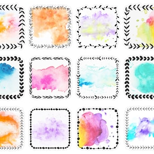 May include: Set of 10 digital watercolour frames with black borders. The frames are square and feature different watercolour washes in shades of blue, green, pink, orange, and purple.