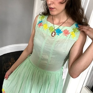 Green cotton handmade embroidered dress