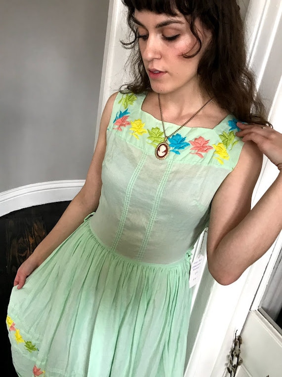 Green cotton handmade embroidered dress