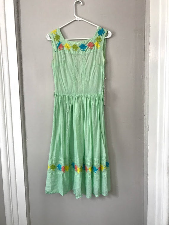 Green cotton handmade embroidered dress - image 5