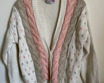 80s handknit pastel pink and taupe cardigan