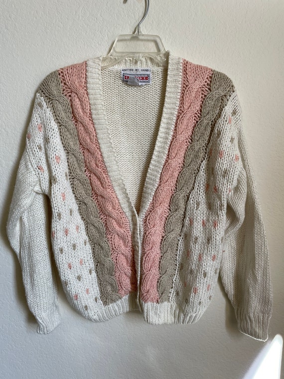 80s handknit pastel pink and taupe cardigan