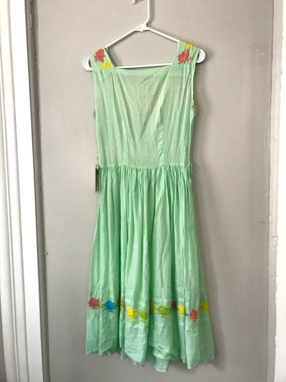 Green cotton handmade embroidered dress - image 2