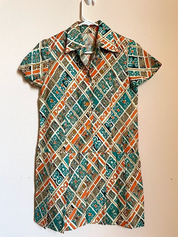 Orange and Teal 70's Drop Waist Shirt Dress