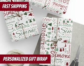 Envoltura de regalo de Navidad personalizada, papel de envolver de nombres personalizados de la familia, regalo de Navidad personalizado, envoltura de regalo navideña única, 4 colores festivos