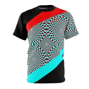 80s Pop Art Optical Illusion T-Shirt: Rotating Wheels Design