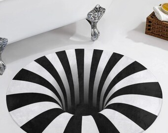 3d Optical Illusion Round Floor Mat 35" – Stripes Black And White Tunnel Rug, Coral Fleece Carpet, Modern Home Decor, Unique