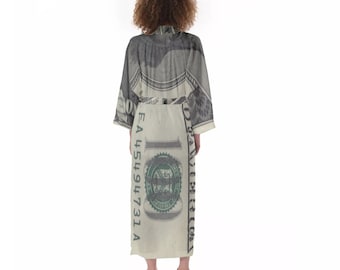 FIAT Ben Franklin 100 Dollar Bill Money Women's Satin Kimono Long Robe