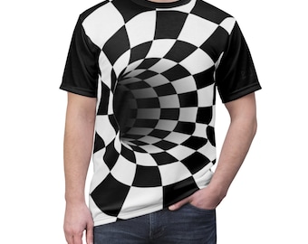Ilusión óptica Blanco y negro Agujero asimétrico Túnel Tablero de ajedrez Ajedrez Warped Cyberpunk Cybergoth Camisa Unisex AOP Cut & Sew Tee