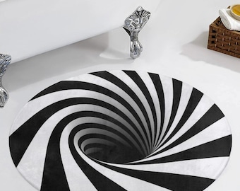 3d Optical Illusion Round Floor Mat 34" – Swirl Black And White Tunnel Rug, Coral Fleece Carpet, Modern Home Decor, Unique Room