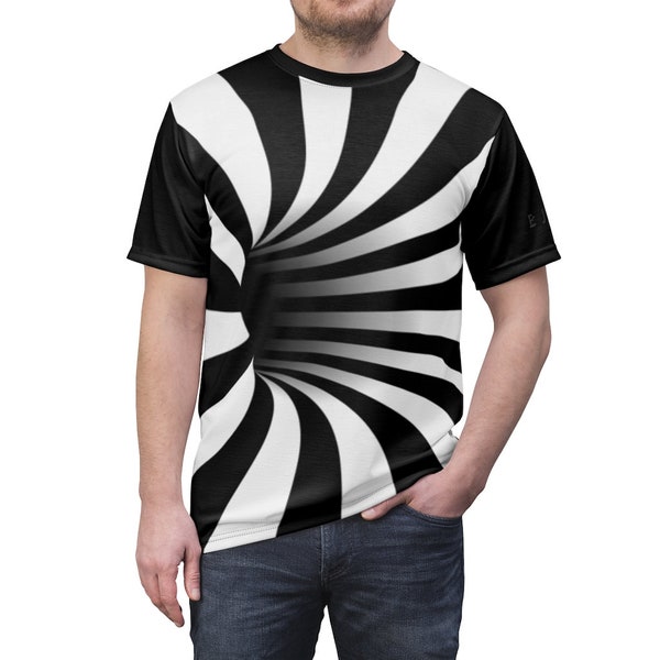 Optische Illusion Black Hole Stripes Asymmetrischer Verzogener Tunnel Cyberpunk Cybergoth Rave Shirt (Schwarz/Weiß) - Unisex AOP T-Shirt