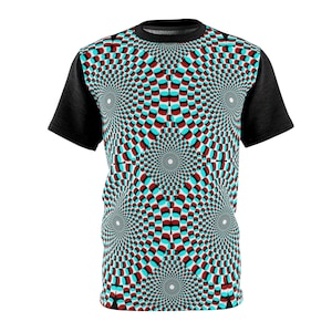 May include: A black t-shirt with a repeating pattern of red, white, and blue circles that create an optical illusion.