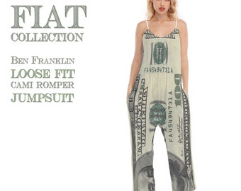 FIAT Ben Franklin 100 Dollar Bill Money Romper Women's Loose-FitV-neck Spaghetti Strap Cami Jumpsuit with Pockets