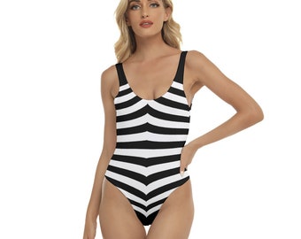 Women’s Black and White Striped One-Piece Swimsuit, Classic Swimwear Fashion Doll Inspired, Dollhouse Collection, Stylish Poolwear, 60's Mod