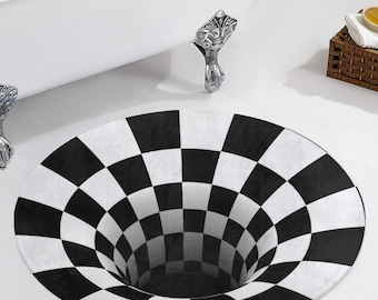 3d Optical Illusion Round Floor Mat 34" – Checkerboard Black And White Tunnel Rug, Coral Fleece, Modern Home Decor, Unique