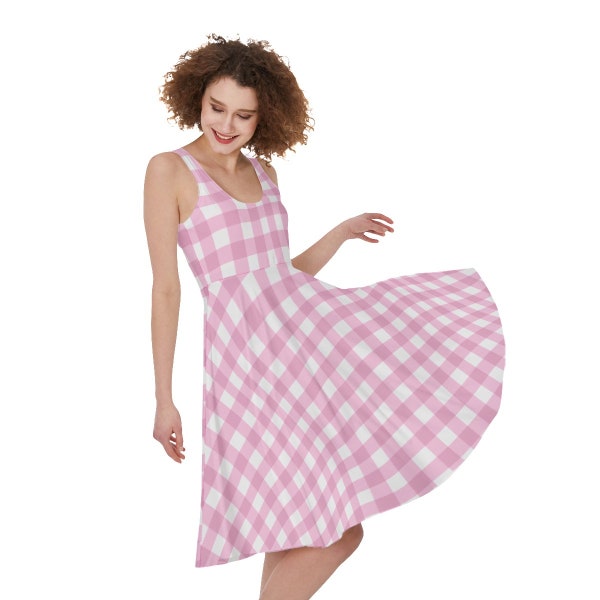 Barb-Inspired Pink Gingham Sleeveless Dress | Knee Length Circle Skirt | Cute Fashion Doll Summer Look