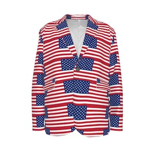May include: A blazer featuring a repeating pattern of the American flag. The jacket has a white interior, a single-button closure, and two front pockets. The design includes red and white stripes with blue fields of stars.