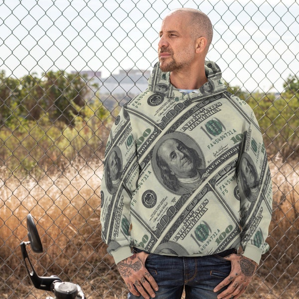 Money Hoodie with Pockets, Cash Money Green Print, Ben Franklin Apparel, Big Face Diagonal Design, Hip Hop Drip, Urbanwear Hood