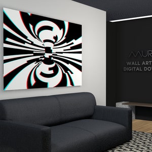May include: A black and white abstract digital art print with a 3D effect. The print is hanging on a wall in a living room setting. The text "MURALZ WALL ART MURAL DIGITAL DOWNLOAD" is visible on the wall.