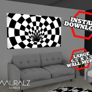 Peut inclure: Une murale murale en noir et blanc à carreaux avec un motif de vortex tourbillonnant. La murale est affichée dans un salon avec un canapé gris et une plante verte. Le texte "INSTANT DOWNLOAD!" et "LARGE 6.5' X 3.5' WALL MURAL" est visible sur l'image.