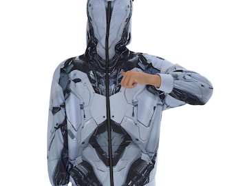 Ice-Tech Panther Hoodie: Cyberpunk Robotic Zip-Up Cosplay
